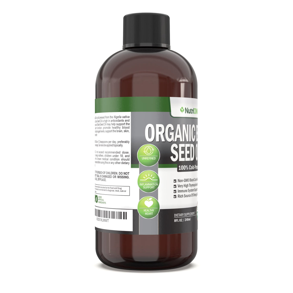 NutriONN Aceite De Semilla Negra Orgánico - Aceite De Semilla De Comino Negro Líquido Orgánico Certificado Por La Usda - Alto Contenido De Timoquinona - Sin Ogm Y Prensado En Frío - Rica Fuente De Áci