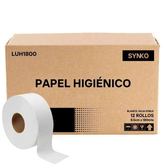 Papel Higiénico GREYMOON SYNKO Blanco Super Absorbente Doble Hoja Ecológico 12 Rollos 180 mts cada uno Alta Resistencia Institucional