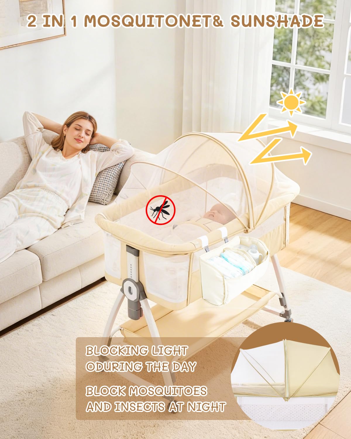 Leoavetole - Moisés de cama para bebé, cuna 4 en 1 con ruedas, cuna ajustable de 6 altura con malla transpirable para recién nacidos y bebés (beige profundo)