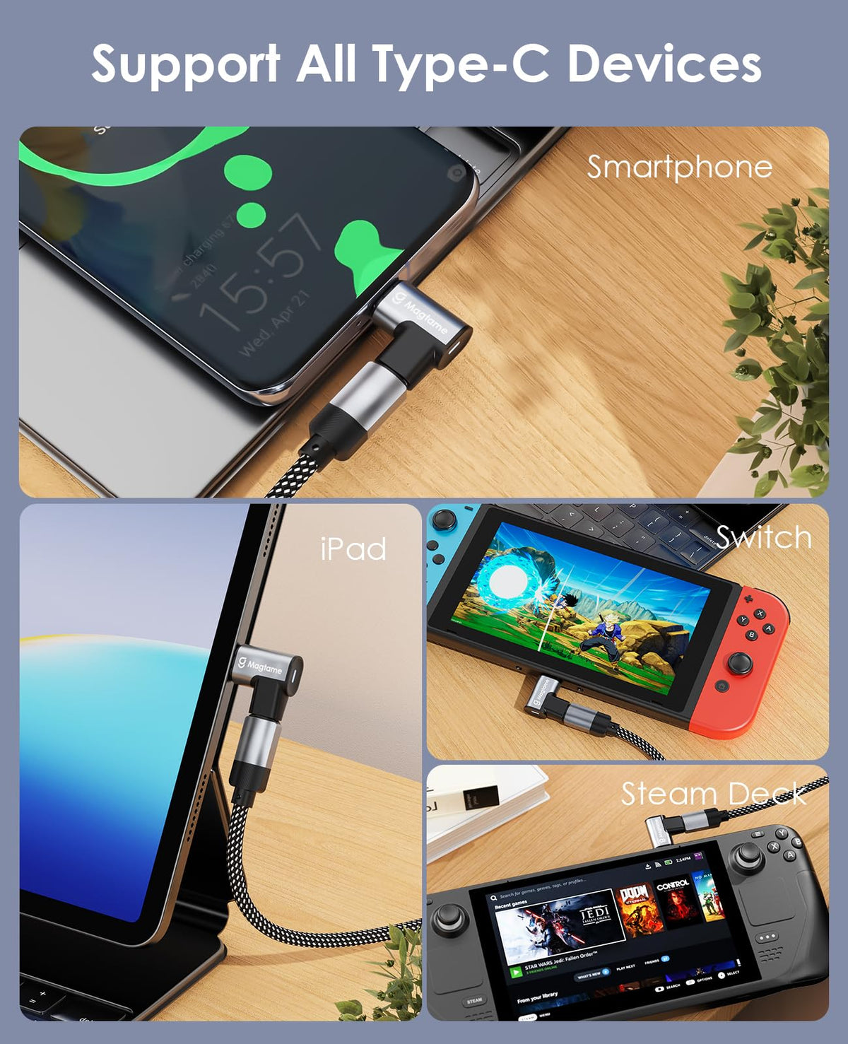 Adaptador Magnético USB C Magtame Negro 90 Grados Carga Rápida para Laptop