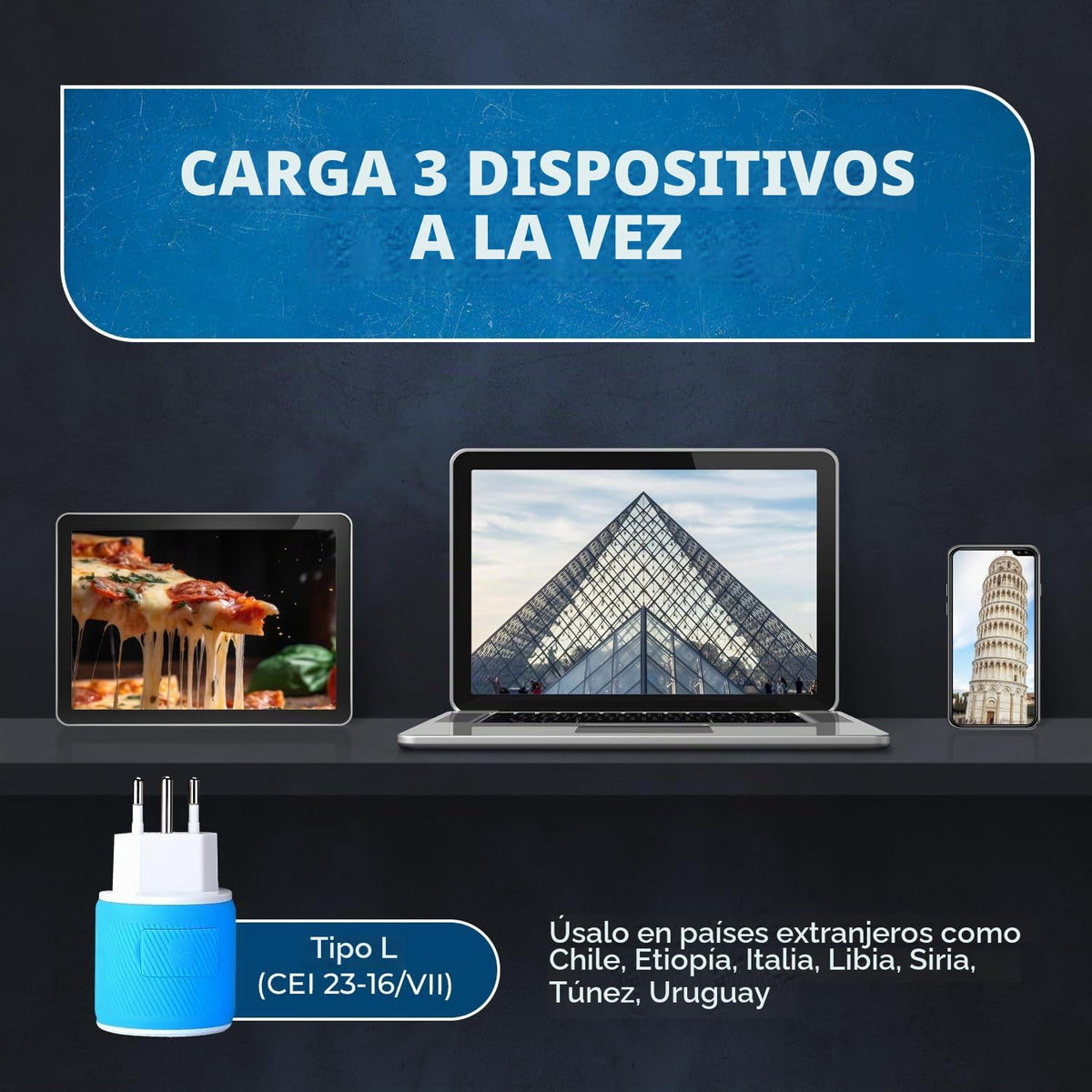 Adaptador de Enchufe de Viaje Orei Azul con Protección USB Dual Tipo L para Italia