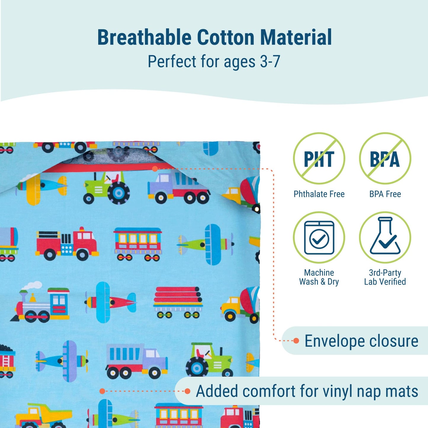 Wildkin - Funda de algodón para Siesta para niños, Suave, Cosida y Duradera y se Adapta a Alfombrillas de Vinilo de 1.5 Pulgadas, Trenes, Aviones y Camiones