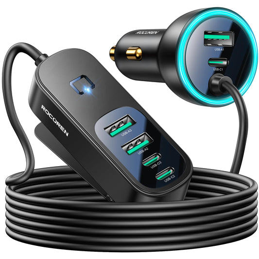 Rocoren 105W USB C Cargador de Coche, 6 Puertos para Viajes Familiares, PD 35W y QC3.0 30W Carga Rápida Multidispositivo, Cargador USB de Mechero con Cable de 5 pies para iPhone 15, iPad, Samsung S23