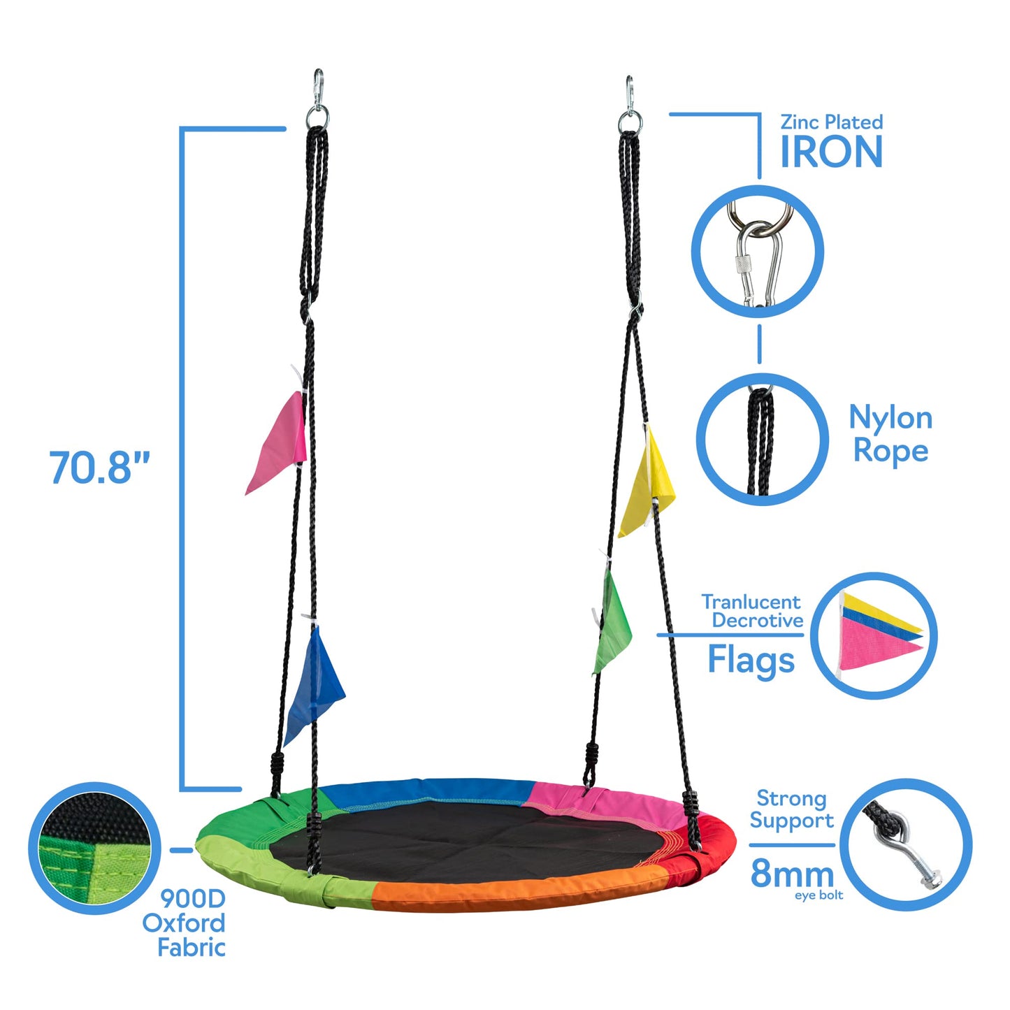 Columpio de Árbol PlayVibe Azul Platillo 40 Pulgadas con Capacidad de 900 Libras para Niños