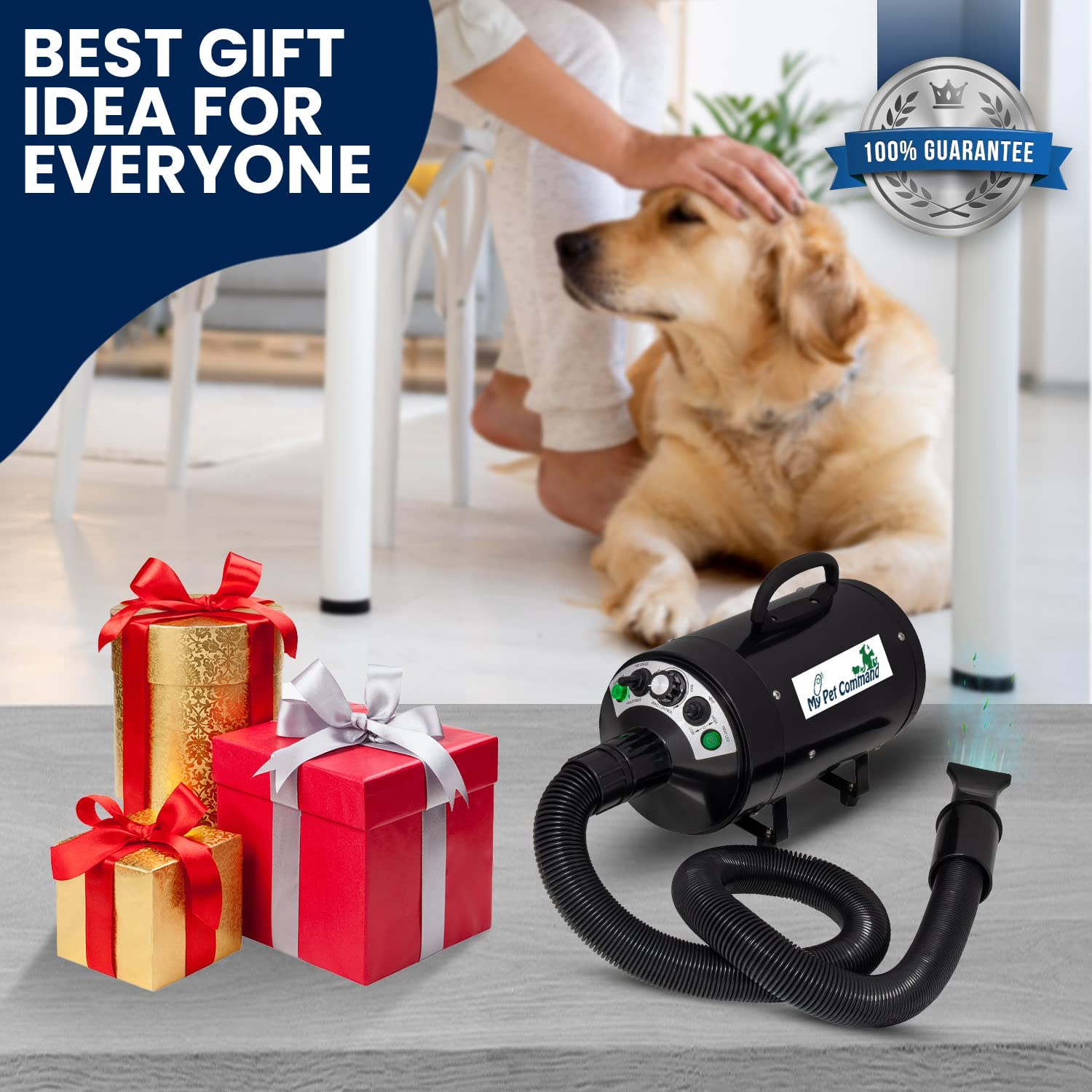 Secador de Pelo para Perros My Pet Command Alta Velocidad Ajustable con Cepillo de Aseo, 110 V 500 W-2800 W 4.5 CV, caliente y frío
