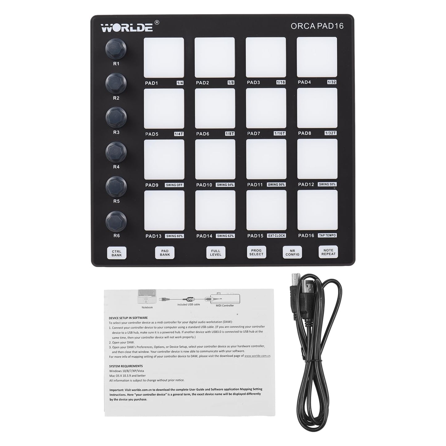 MIDI Controller Strike Pad Midi Drum Pad Drum Machine Beat Maker Máquina de teclado USB Midi 6 perillas asignables Nota Repetir Botones de nivel completo y software de producción Mini driver MIDI