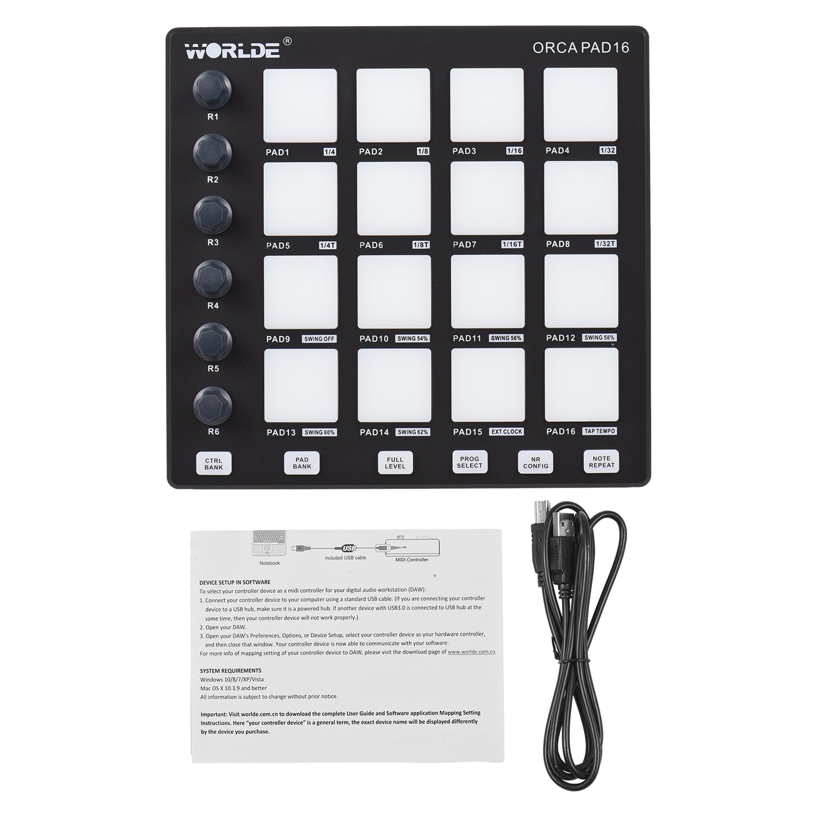 MIDI Controller Strike Pad Midi Drum Pad Drum Machine Beat Maker Máquina de teclado USB Midi 6 perillas asignables Nota Repetir Botones de nivel completo y software de producción Mini driver MIDI