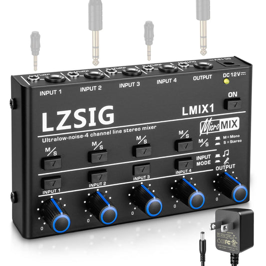 LZSIG Mini mezclador de audio, mezclador de línea estéreo para submezcla, ultra bajo ruido, 4 canales, control no empotrado de micrófono dinámico, salida y entrada TRS de 1/4 y 1/8 pulgadas, para