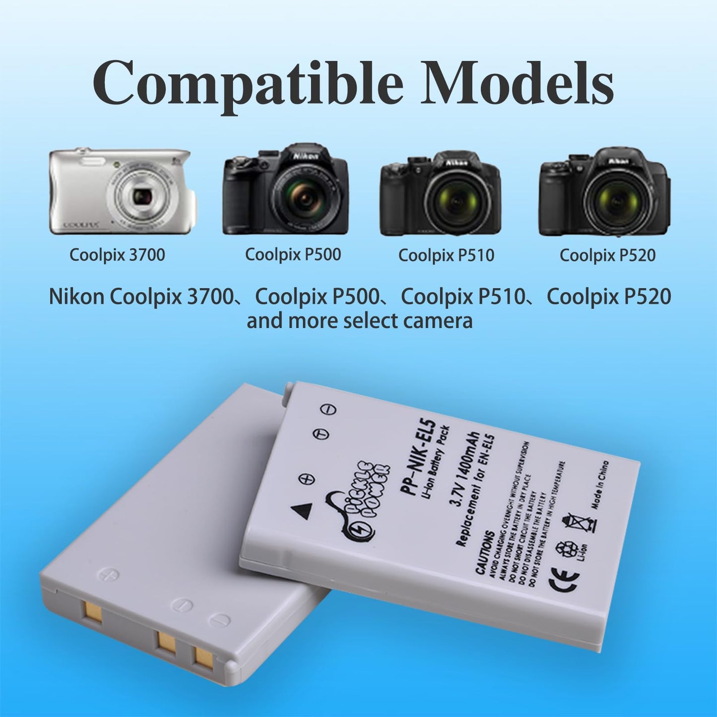 Batería Dual Pickle Power EN-EL5 y Cargador LED para Nikon CoolPix Negra Cámara