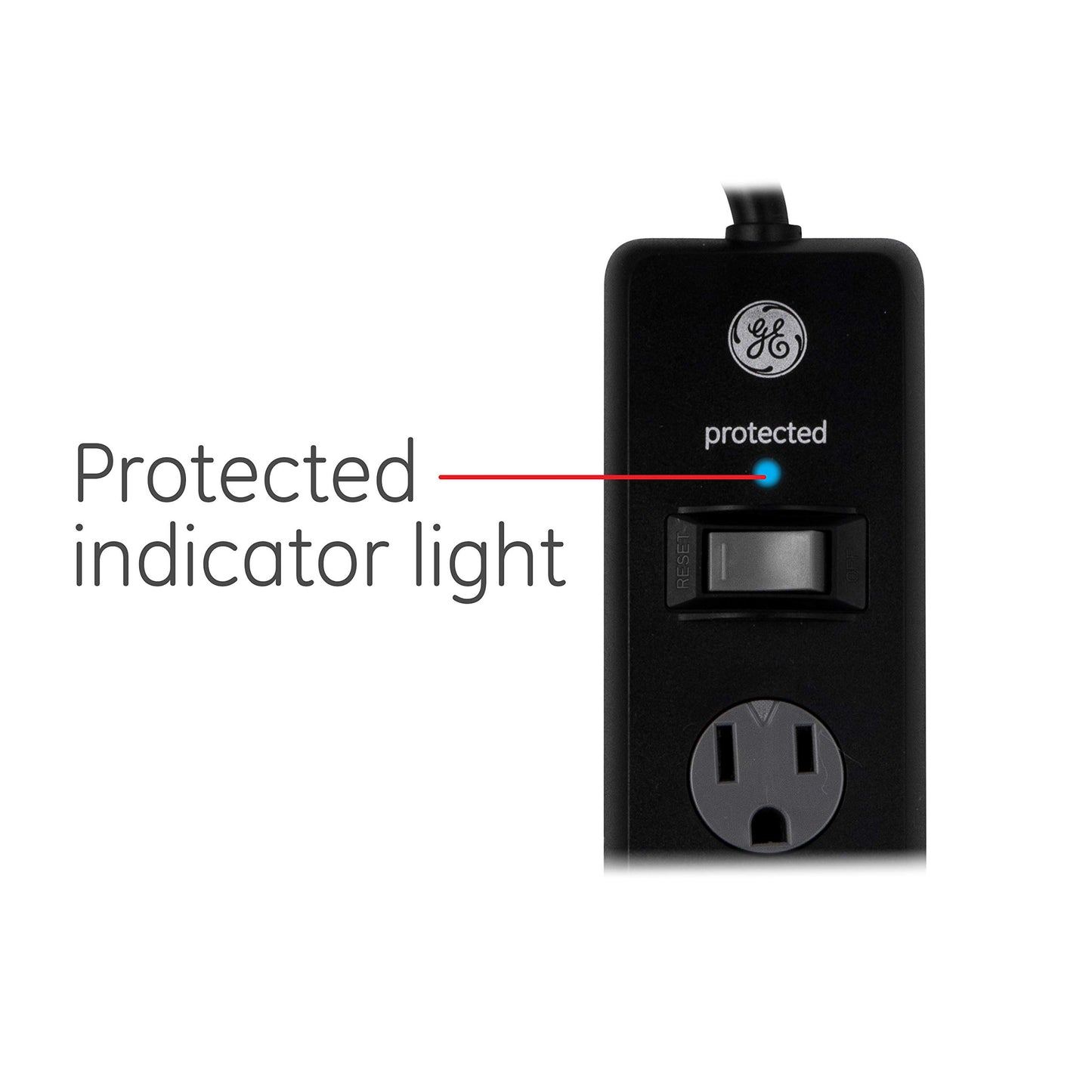 GE Tira Multicontactos De 6 Salidas Con Supresor De Picos Y Enchufe Plano, Cable De Extensión De 2.4 Metros (8 Pies), 1300 Julios, Cubiertas De Seguridad Con Giro Para Cerrar, Negro, 1 Unidad, 33662