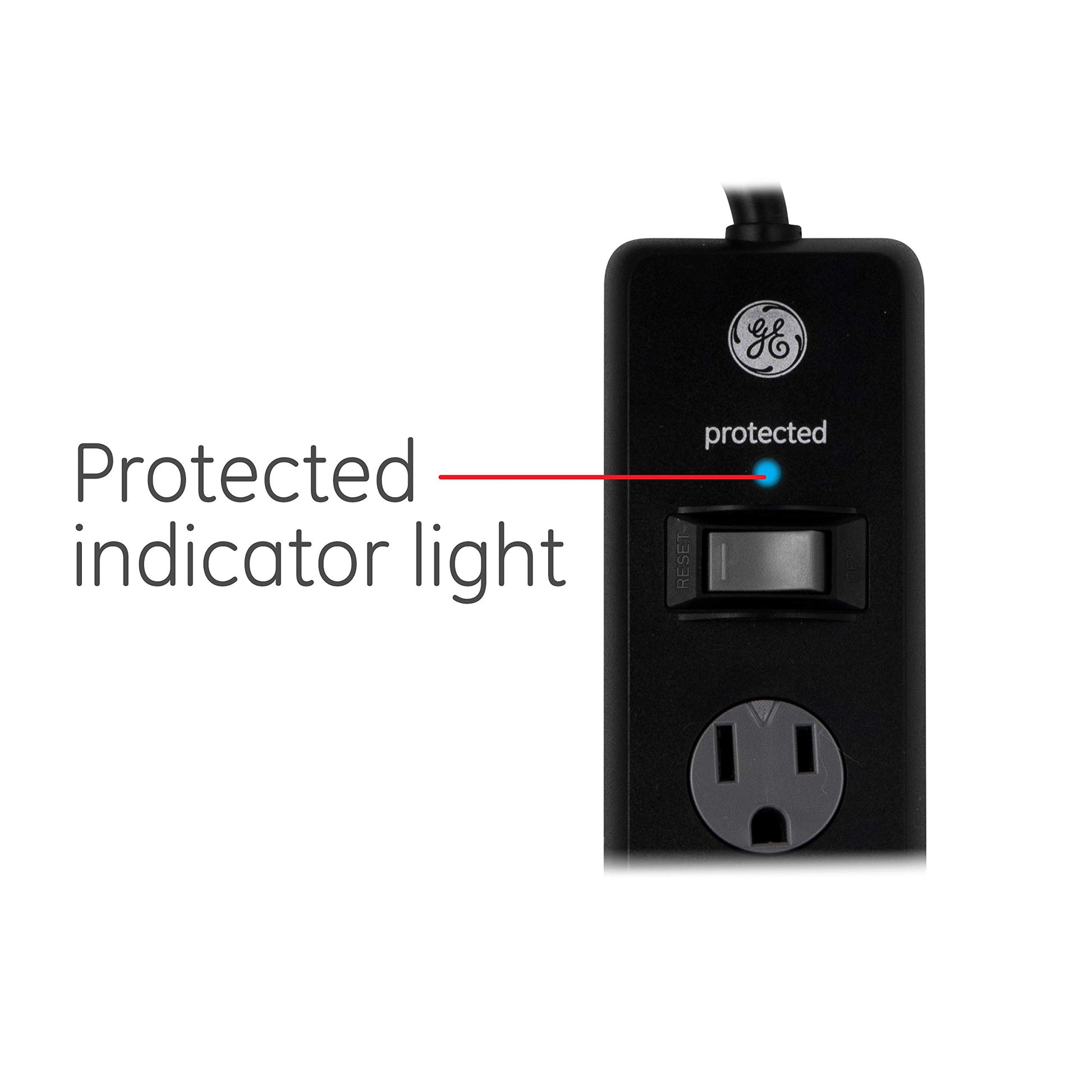 GE Tira Multicontactos De 6 Salidas Con Supresor De Picos Y Enchufe Plano, Cable De Extensión De 2.4 Metros (8 Pies), 1300 Julios, Cubiertas De Seguridad Con Giro Para Cerrar, Negro, 1 Unidad, 33662
