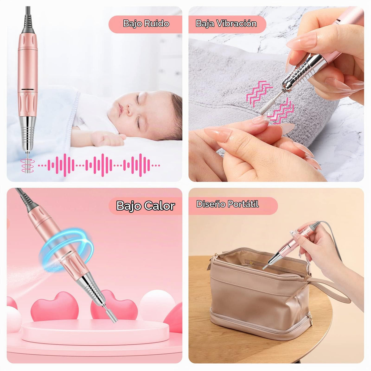 Taladro de Uñas Recargable Portátil 35000 RPM con Lima E y Brocas para Manicura y Pedicura