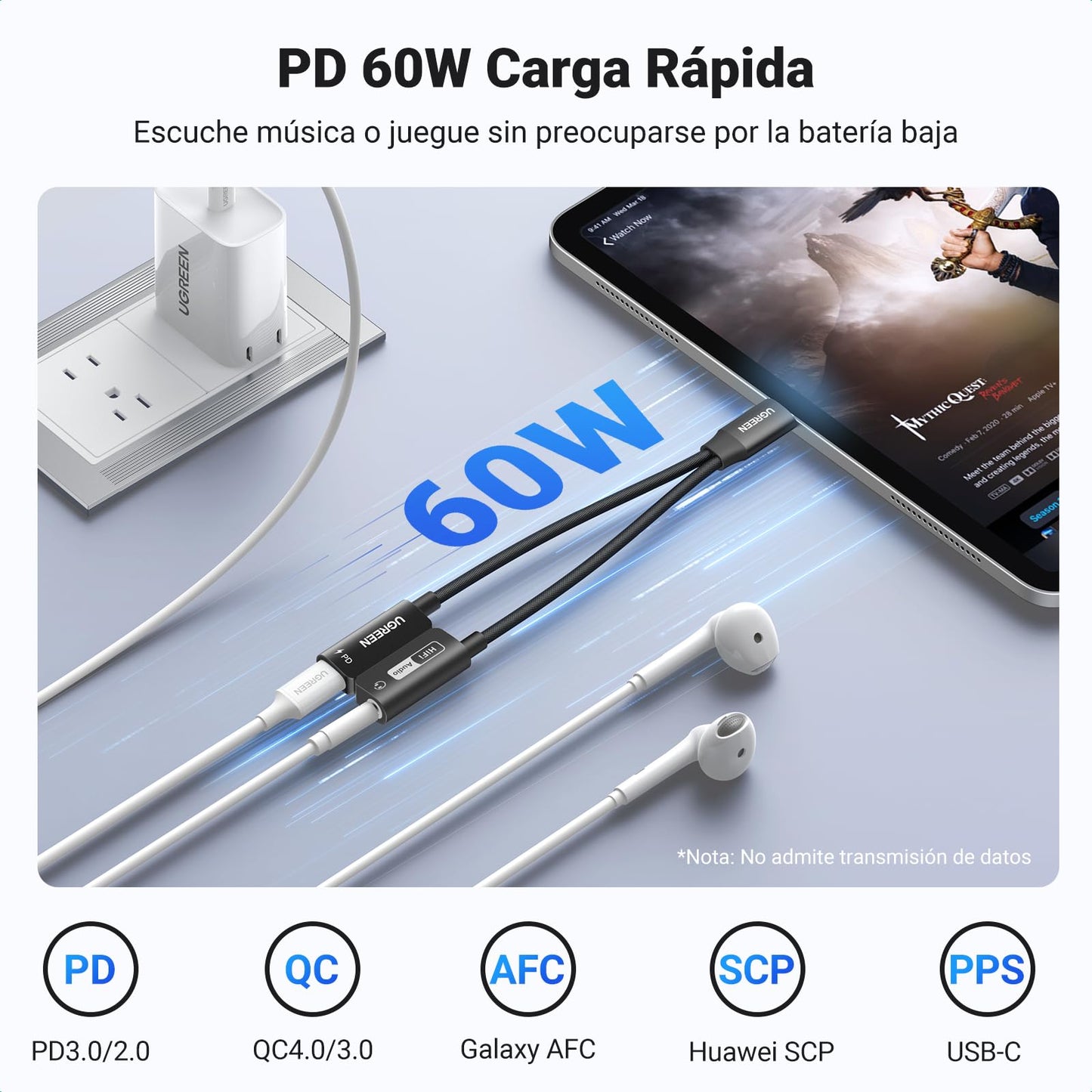 Adaptador USB C UGREEN 60W PD Magnético para Auriculares en Negro, Carga Rápida y Hi-Res 32bit/384kHz