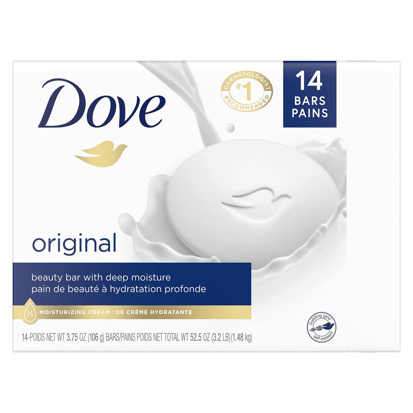 Dove Beauty Bar Gentle Skin Cleanser Moisturizing for Gentle Soft Skin Care Original Made With 1/4 Moisturizing Cream, 3.75 Ounce (Pack of 14)