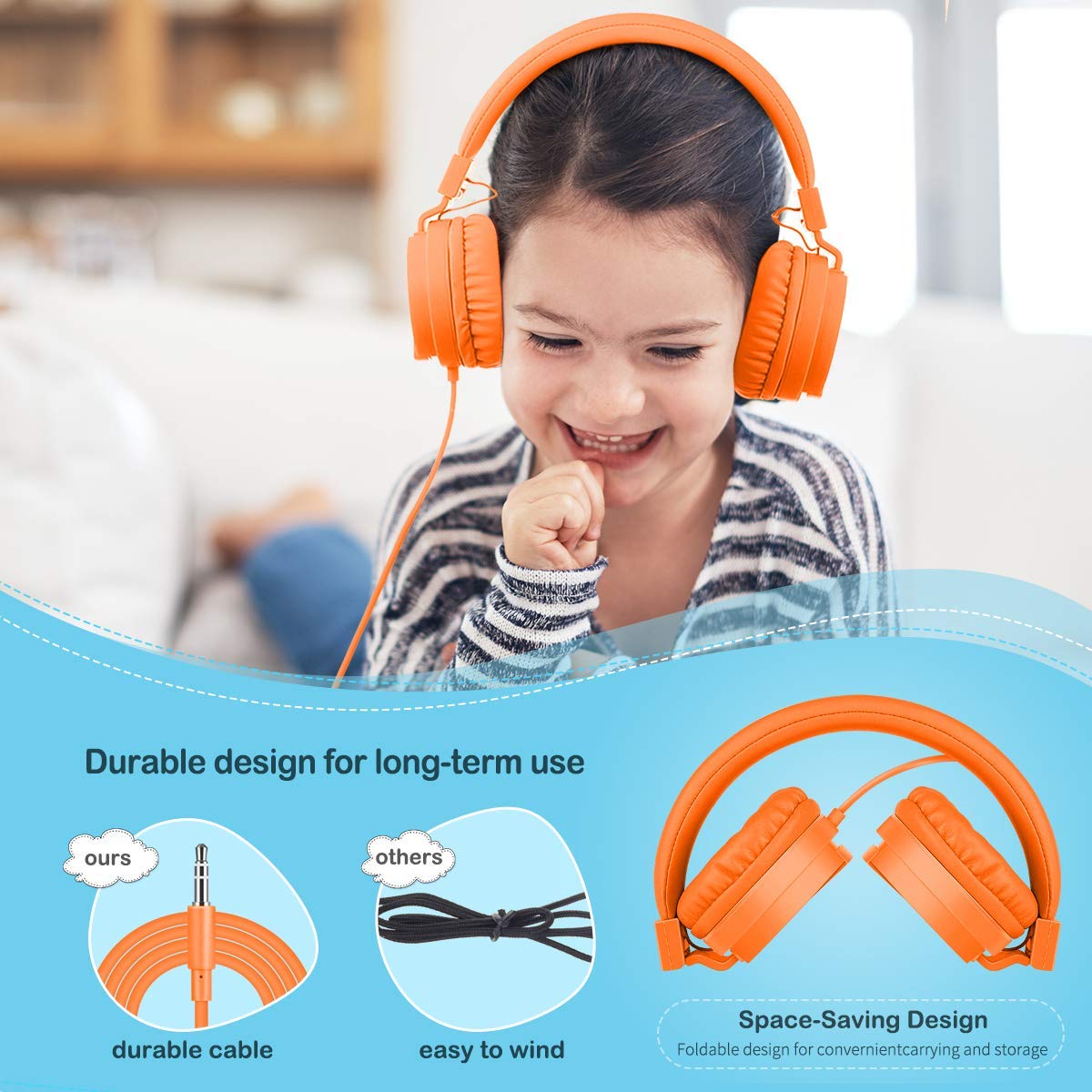 Gorsun lightweight stereo kids headphone Adjustable Headband foldable on ear Headset for Cellphones Iphone Laptop Computer Earphones(Orange)