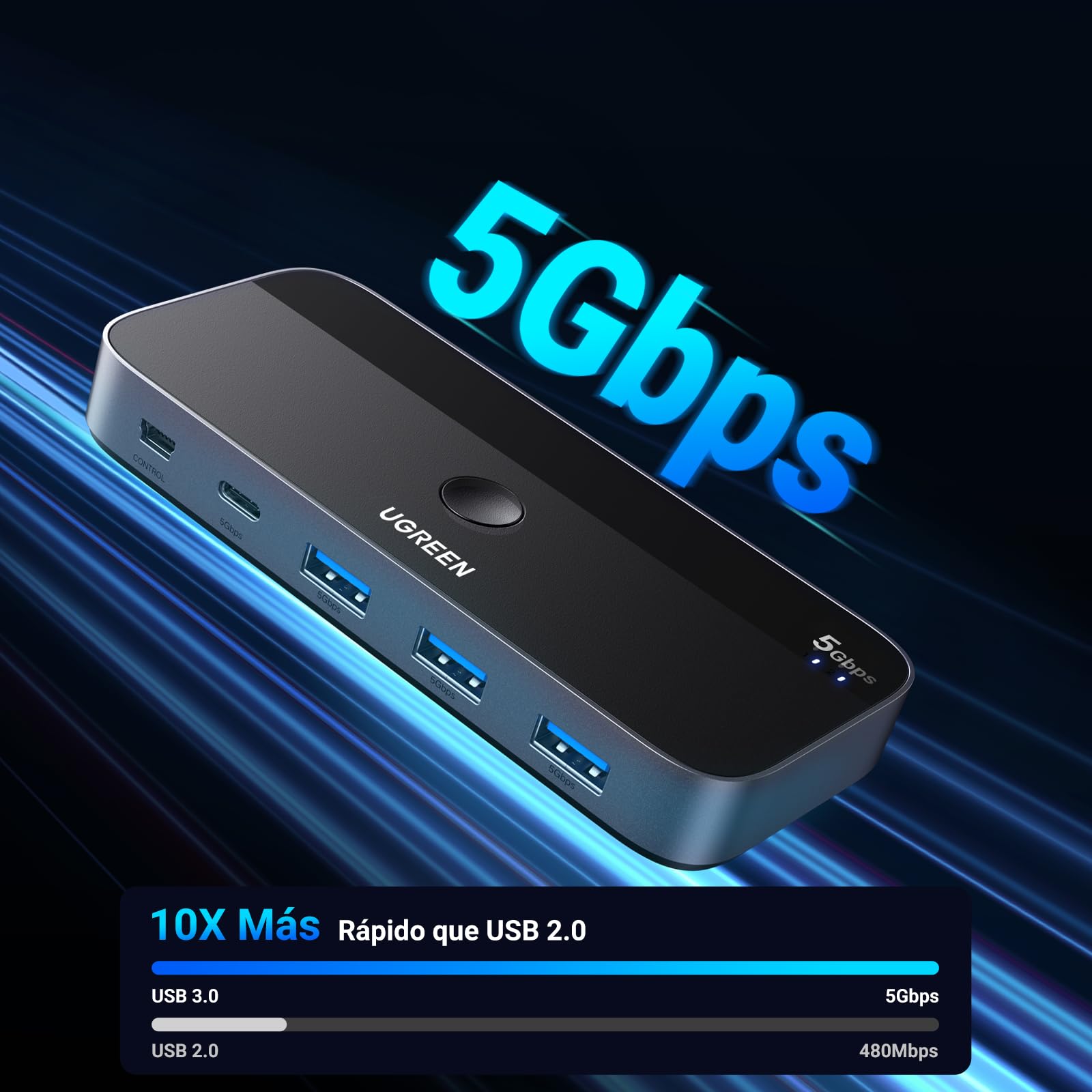 Switch USB C 3.0 UGREEN Negro con Cuatro Puertos para PC y Laptop