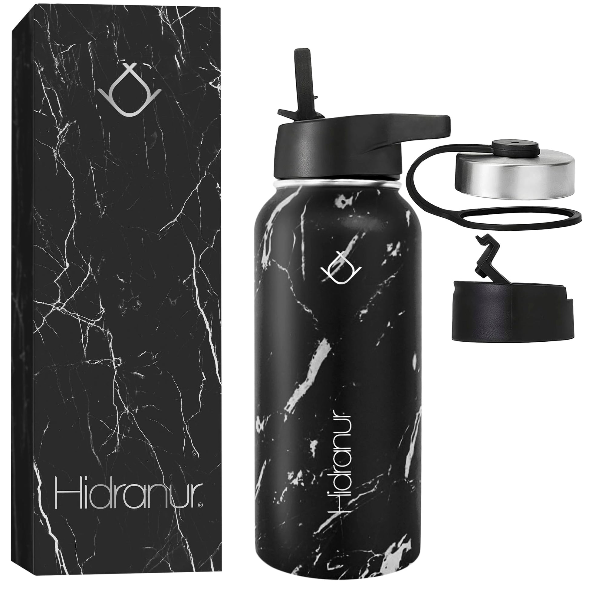Hidranur Termo de Acero Inoxidable Doble Aislamiento Térmico, Termo Para Café 32 oz (946.35 ml), 3 Tapas Herméticas, 2 Popotes, 24 Hrs de Agua Caliente y Fría (Negro Mármol, 32 Oz (946.35 ml))