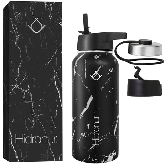 Hidranur Termo de Acero Inoxidable Doble Aislamiento Térmico, Termo Para Café 32 oz (946.35 ml), 3 Tapas Herméticas, 2 Popotes, 24 Hrs de Agua Caliente y Fría (Negro Mármol, 32 Oz (946.35 ml))