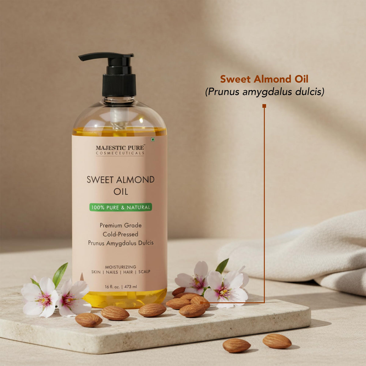 Majestic Pure Sweet Almond Oil, Super Triple A Grade Quality, 100% Pure and Natural from Spain, Cold Pressed , 16 fl oz.