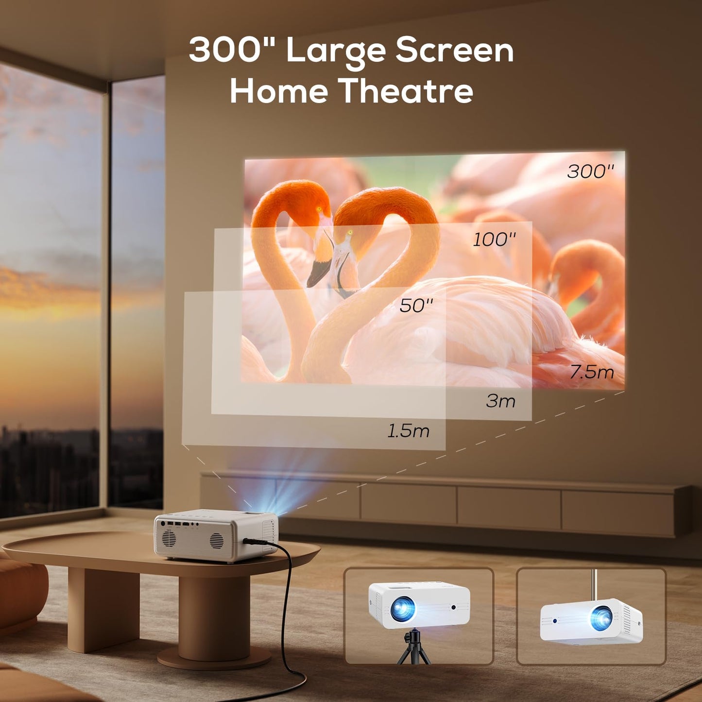 AKIYO Proyector 5G WiFi Bluetooth, 13000 Lux Proyector con Tripode, Proyector 4K de película de con 150000 Horas,1080P Nativo Mini Proyector Casa para iOS/Android/PC/TV Stick/HDMI/AV/USB/PS5