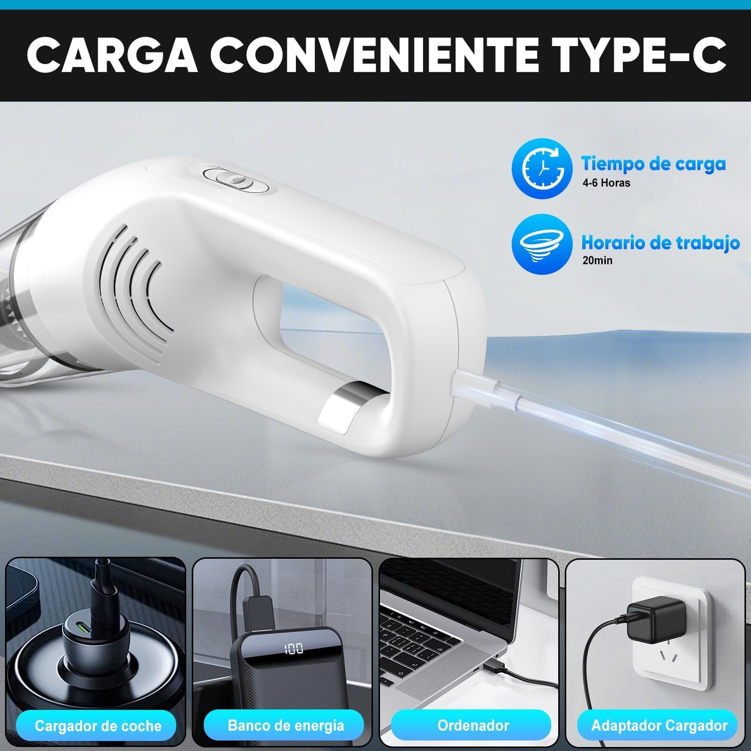 sdlogal LT-113CG Aspirador de Mano portátil inalámbrico para hogar automóvil Color Blanco