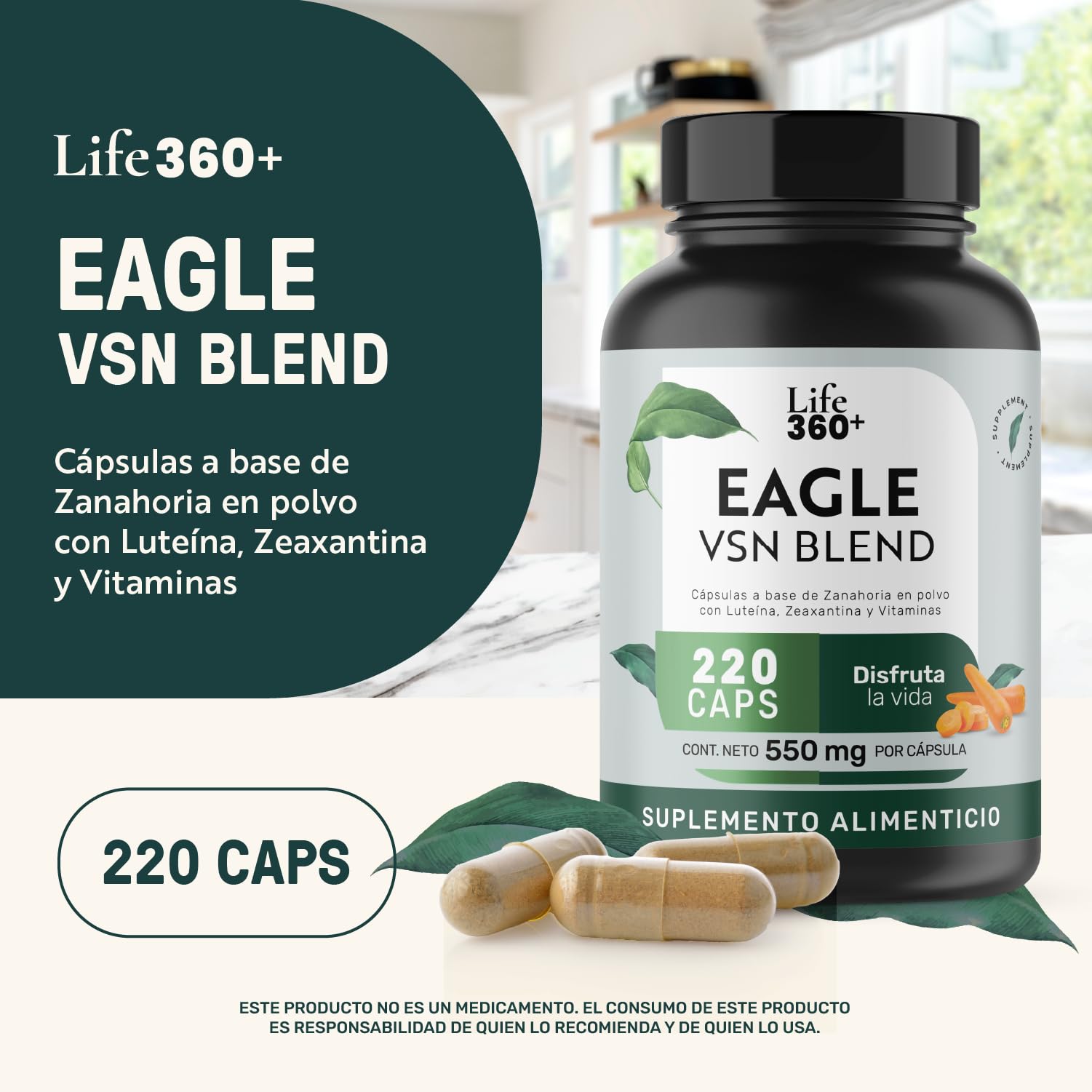 Life 360+ EAGLE VSION BLEND | 220 Cápsulas 1100 mg por porción. Cápsulas a base de zanahoria en polvo, Luteína, Zeaxantina, Vitamina A, C, E y Zinc.