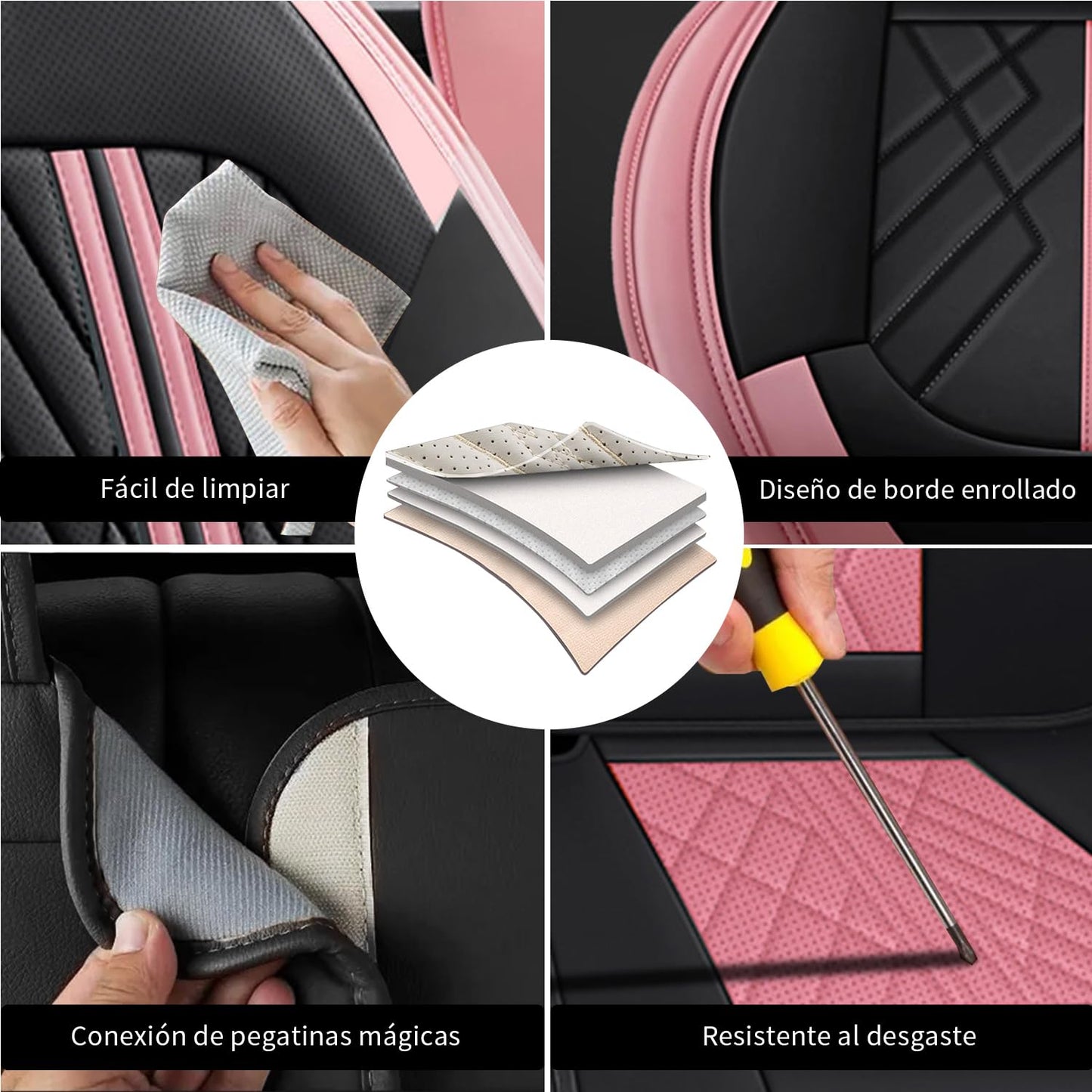 OFFCEI Fundas para Asientos de Cuero Impermeable y Lavable, Universal para Coches Medianos/Pequeños de 5 Plazas/SUV (Negro y Rosa)