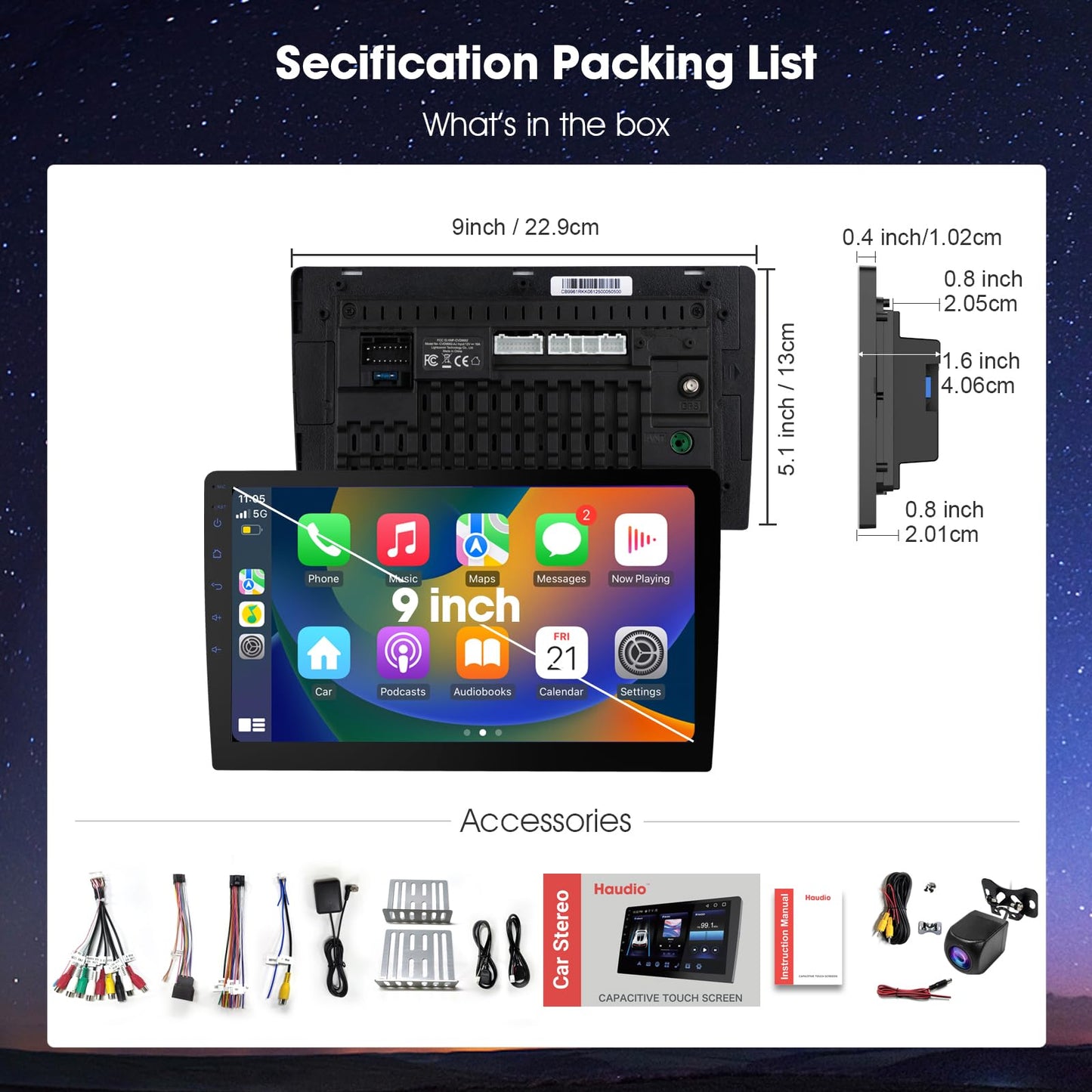Visualización Inalámbrica Carplay 9 Pulgadas HD con Control de Voz y Cámara de Respaldo para Coche Estéreo