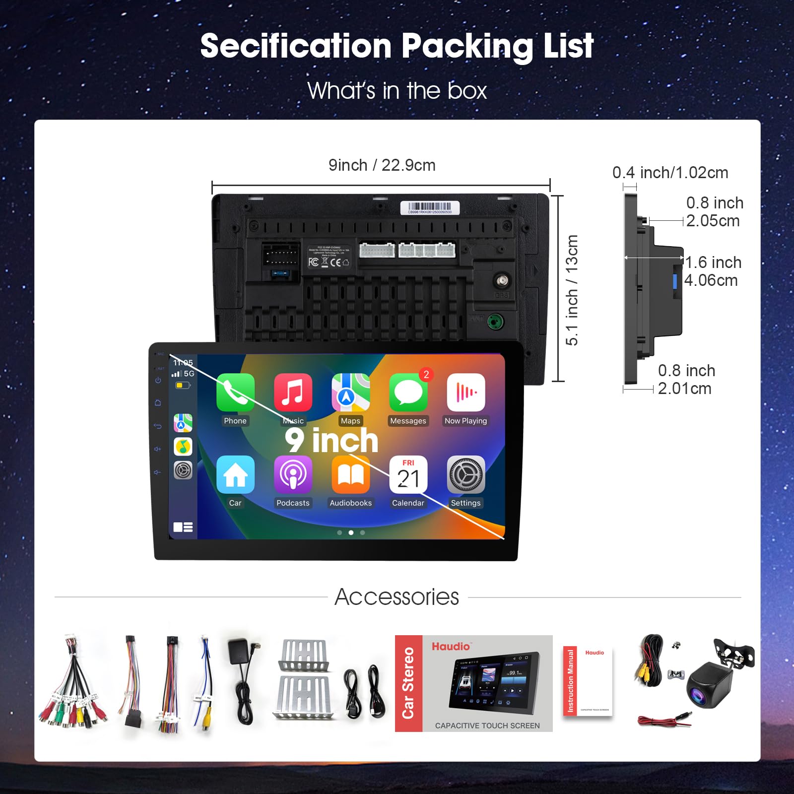 Visualización Inalámbrica Carplay 9 Pulgadas HD con Control de Voz y Cámara de Respaldo para Coche Estéreo