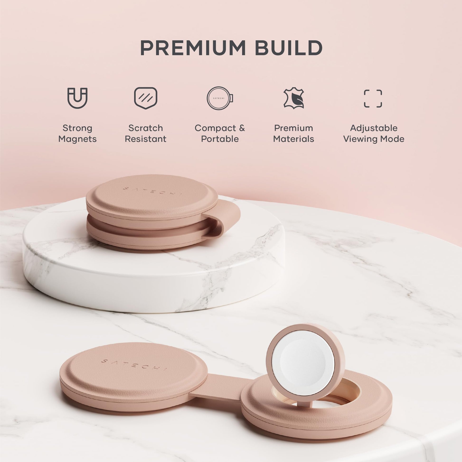 SATECHI OntheGo™ Cargador Inalámbrico 2 en 1, Cargador Portátil Qi2 con Carga Rápida de 15W para iPhone y 5W para Apple Watch, Estación de Carga Magnética de Viaje – Rosa Desierto