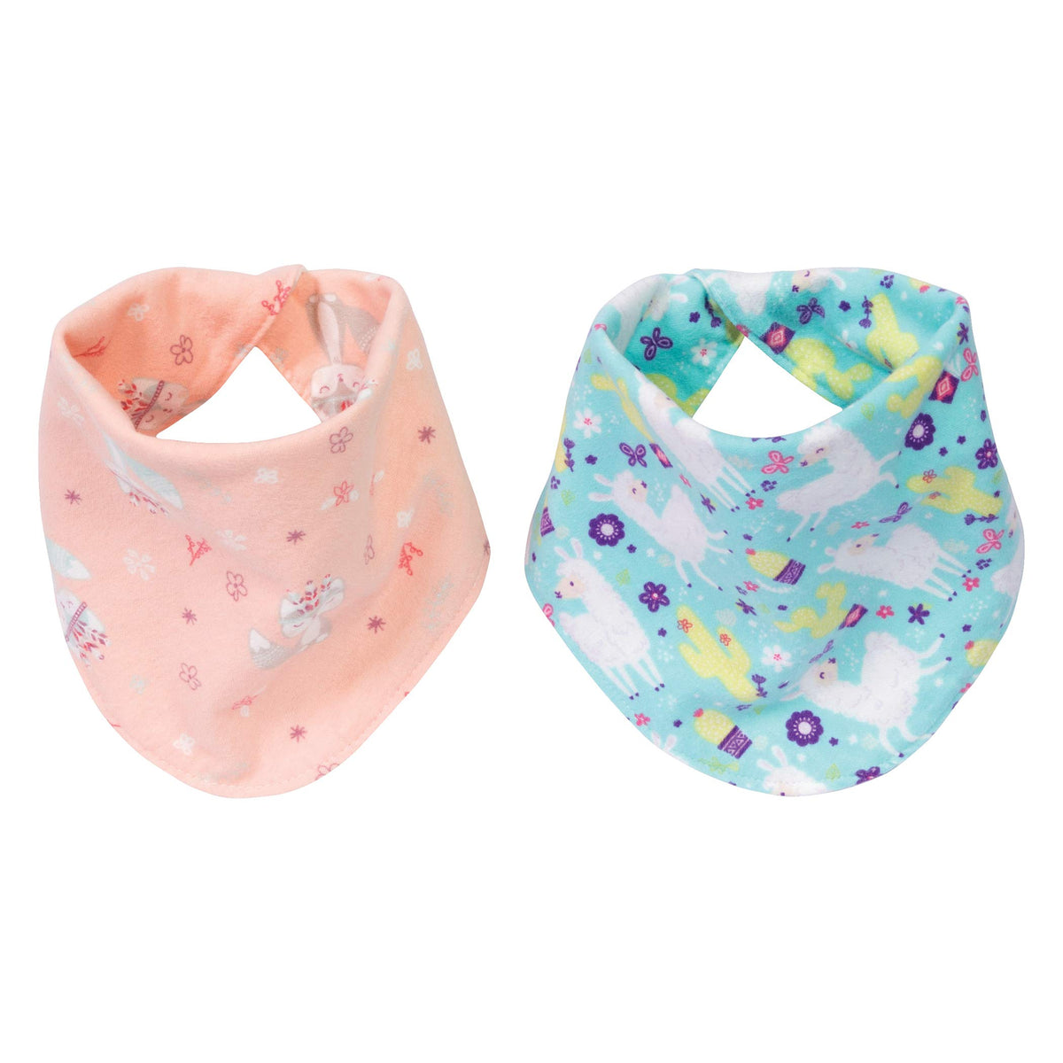 Southwest Llama - Juego de 2 baberos reversibles de franela con estampado de zorro/lunares, llama/cheurón, rosas, menta, gris, turquesa, lima, franela 100% algodón, cierre a presión, 11.5 x 11.5 pulgadas