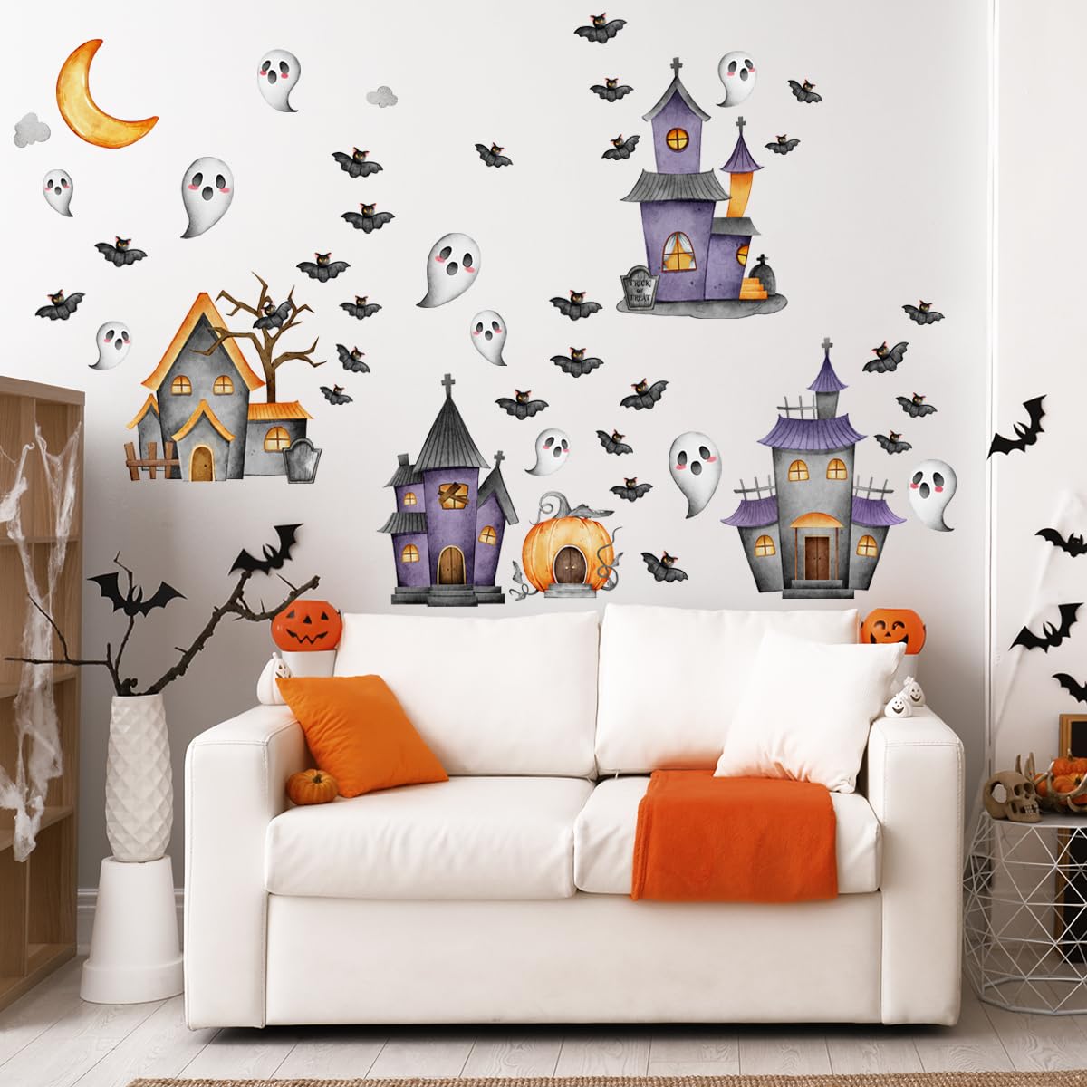 Haunted House - Calcomanías de pared de Halloween, calcomanías espeluznantes de calabaza, calcomanías de ventana, mural de decoración de pared para guardería, bebé, recámara, sala de estar, cocina,