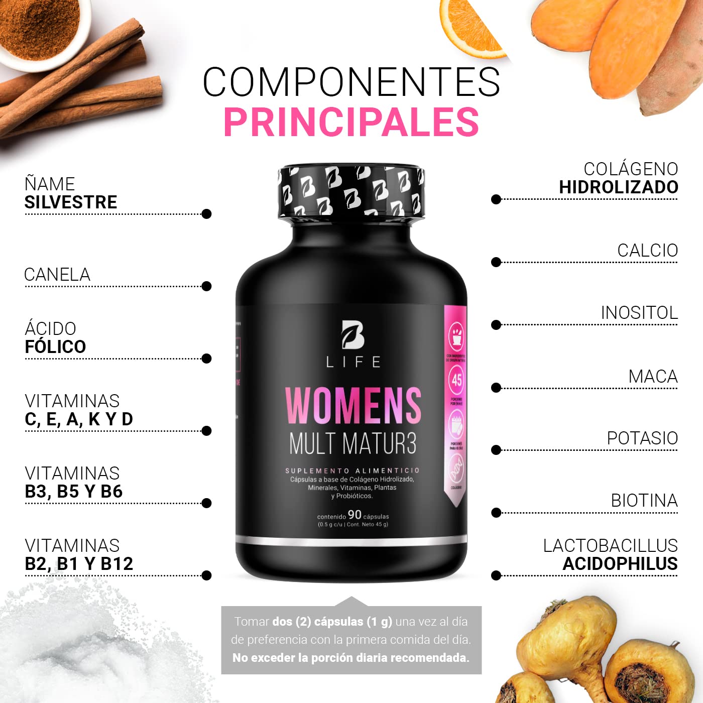 B Life Company Multivitamínico para Mujer Mayor de 40 años con 90 Cápsulas. Ingredientes naturales: Colágeno, Inositol, Maca, Probioticos. Womens Mult Mature.