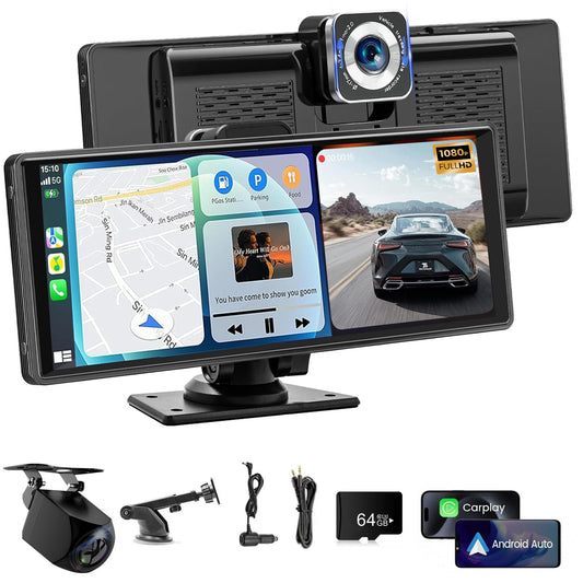 LINGLUCKY 10.26" Autoestéreo para Carro Portátil con Dashcam 2K，CarPlay Inalámbrico, Android Auto, WiFi, GPS, Bluetooth, Mirror Link y Cámara Trasera, Compatible con Todos los Vehículos