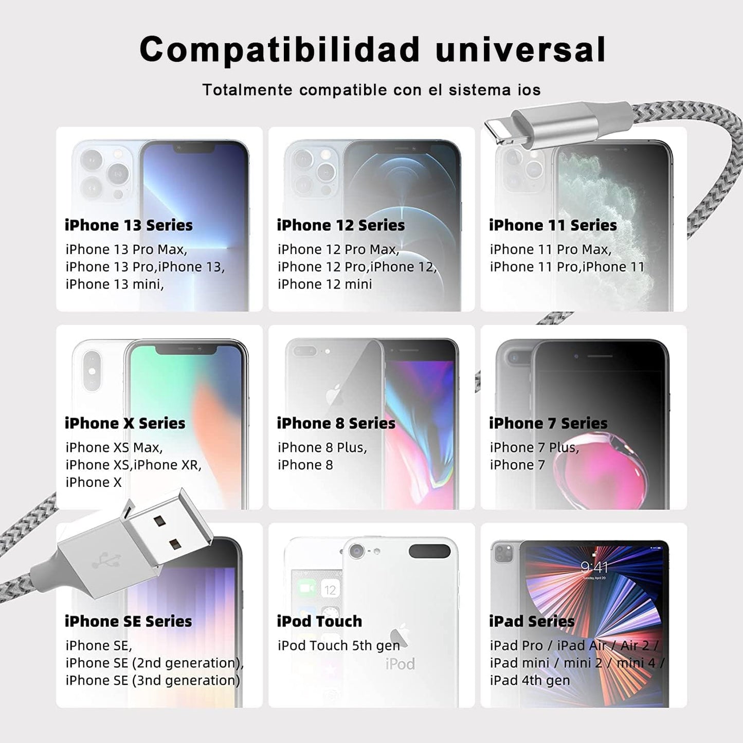 Cable de Carga USB A a Conector Compatible, 3 Pack, Carga Rápida con Nylon Trenzado, Compatible con Serie 14/13/12/11/X/Pro/Max (Gris Claro, 2M)
