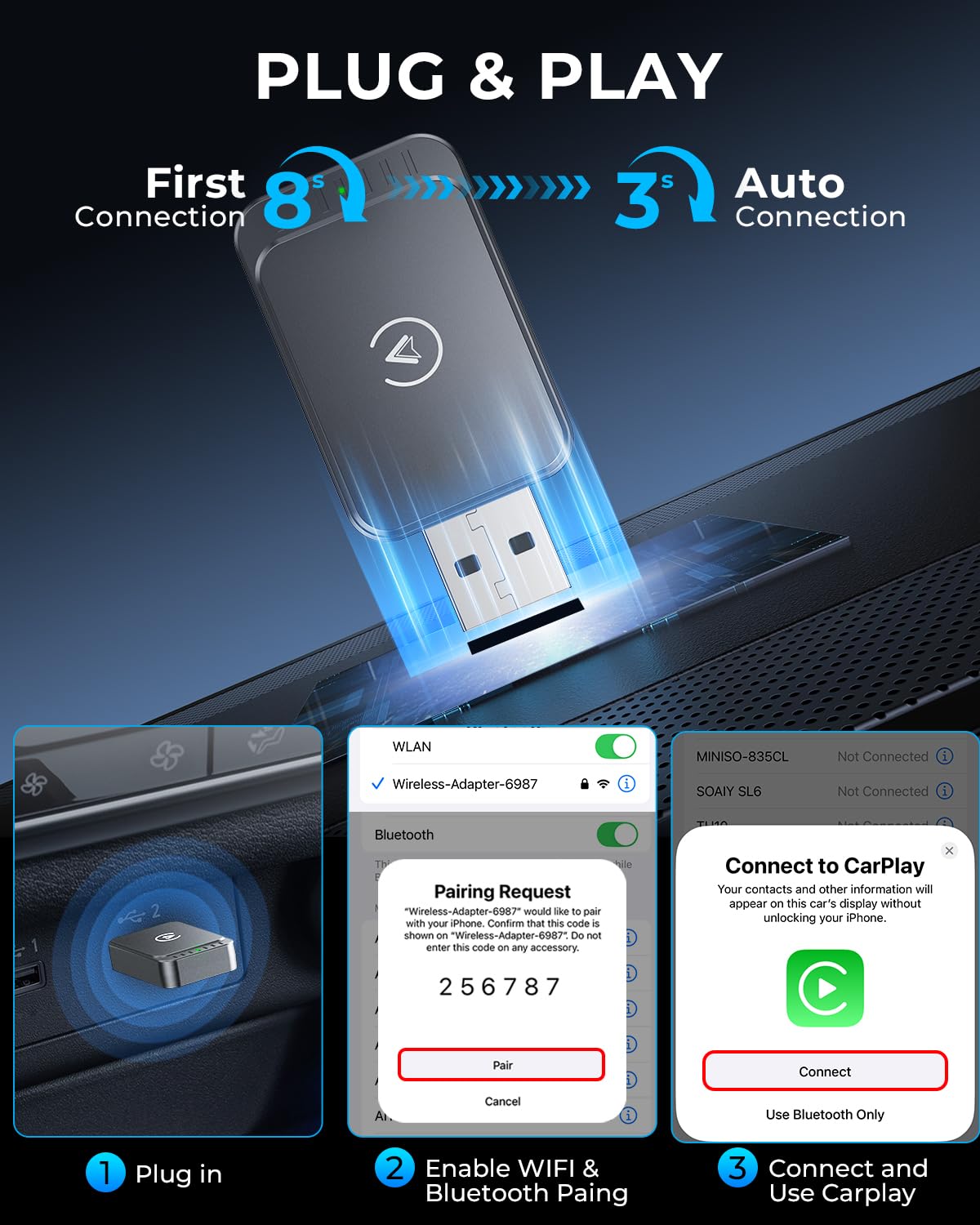 Adaptador Inalámbrico AuroraLink Azul 2 en 1 Rápido y Estable para CarPlay y Android Auto