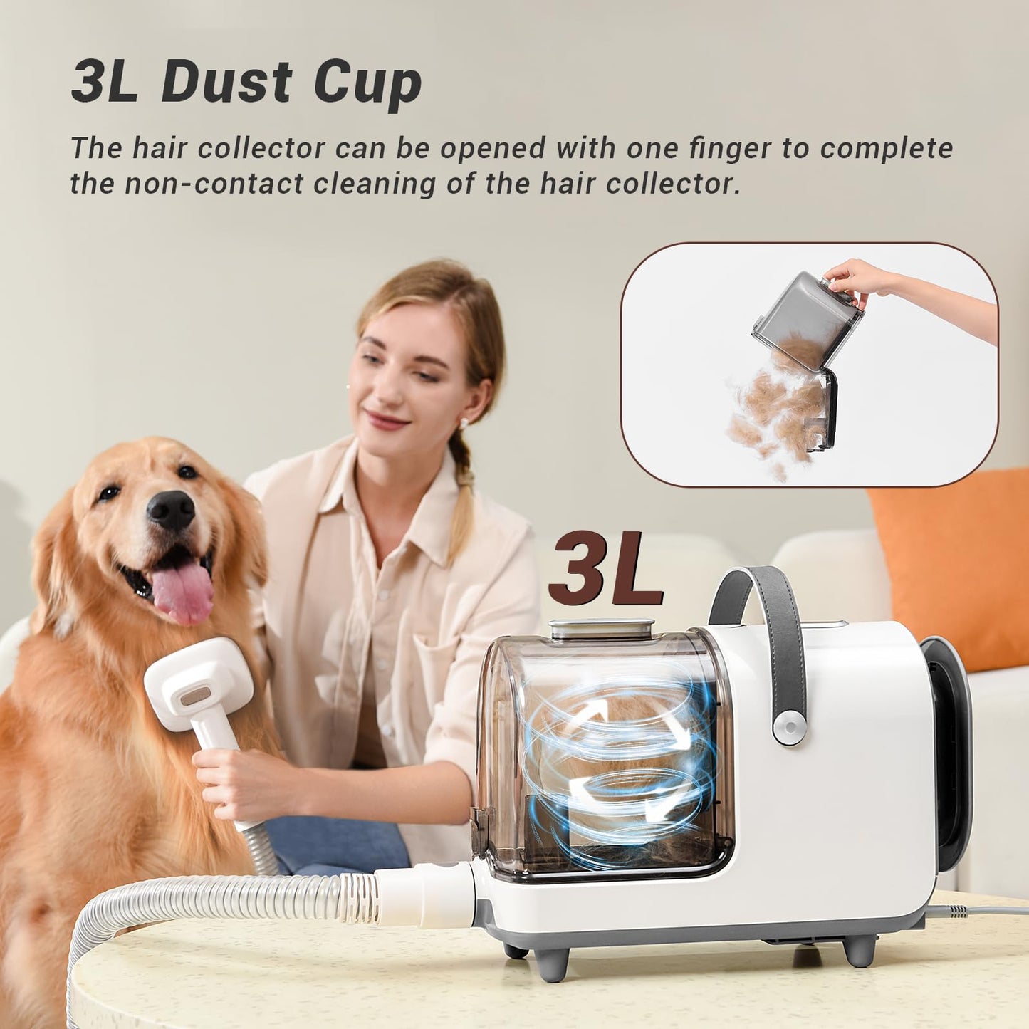 Bunfly Kit de aseo para mascotas y selecciones al aspiradora de hasta 99.99% pelo de mascotas, 7 herramientas de aseo probadas, taza de polvo de gran capacidad de 3 l, color plateado