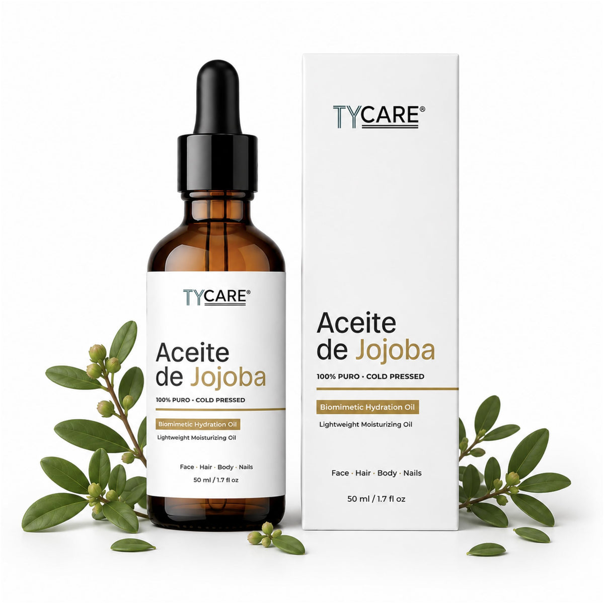 TY CARE Aceite de Jojoba 100% Puro 50 ml – Prensado en Frío, Sin Fragancia | Aceite Facial Ligero para Rostro, Cabello, Cuerpo y Uñas | Para Piel Seca, Mixta o Grasa | Wellness + Science