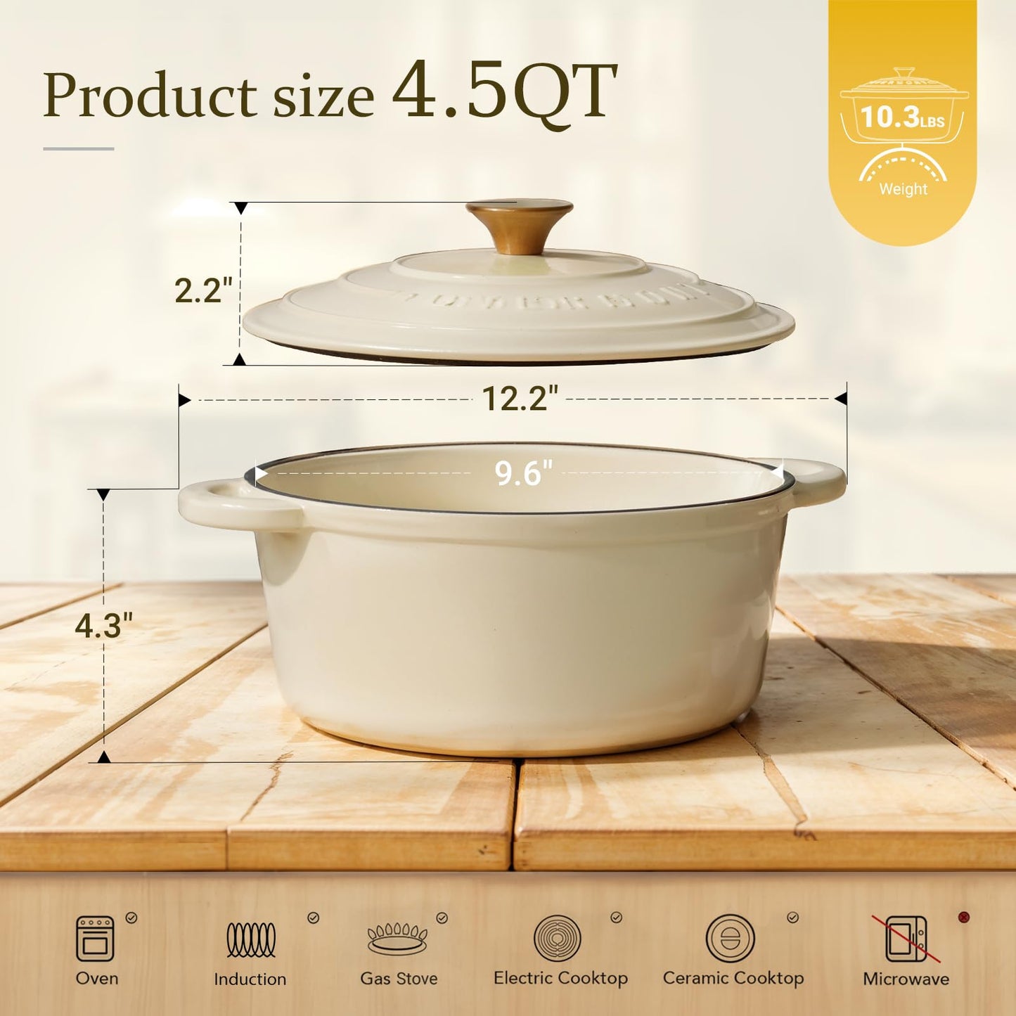 Overmont - Horno holandés de hierro fundido esmaltado, utensilios de cocina de 4,5 cuartos con tapa de algodón resistente al calor, olla esmaltada resistente con tapa para estofados, asar pan y
