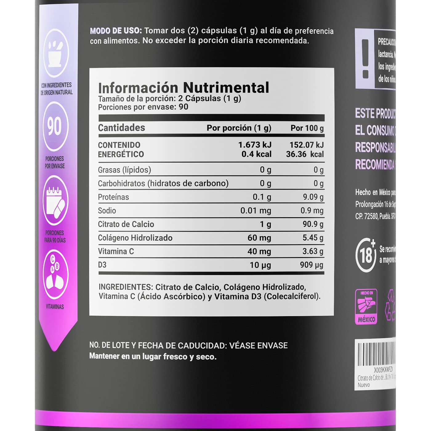 Citrato de Calcio de 180 Cápsulas 1000 mg por porción, Adicionado con D3, Colágeno Hidrolizado y Vitamina C. Caltrato & D3 B Life.