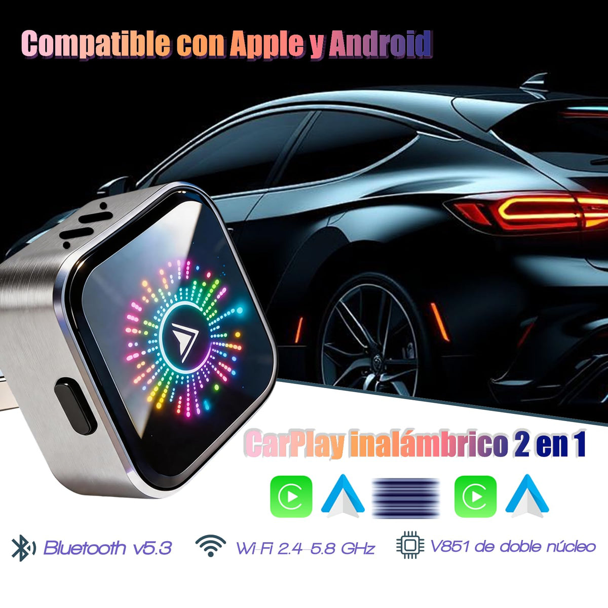 Adaptador Inalámbrico YIGANGBAO RGB Actualizable 2 en 1 para CarPlay y Android Auto