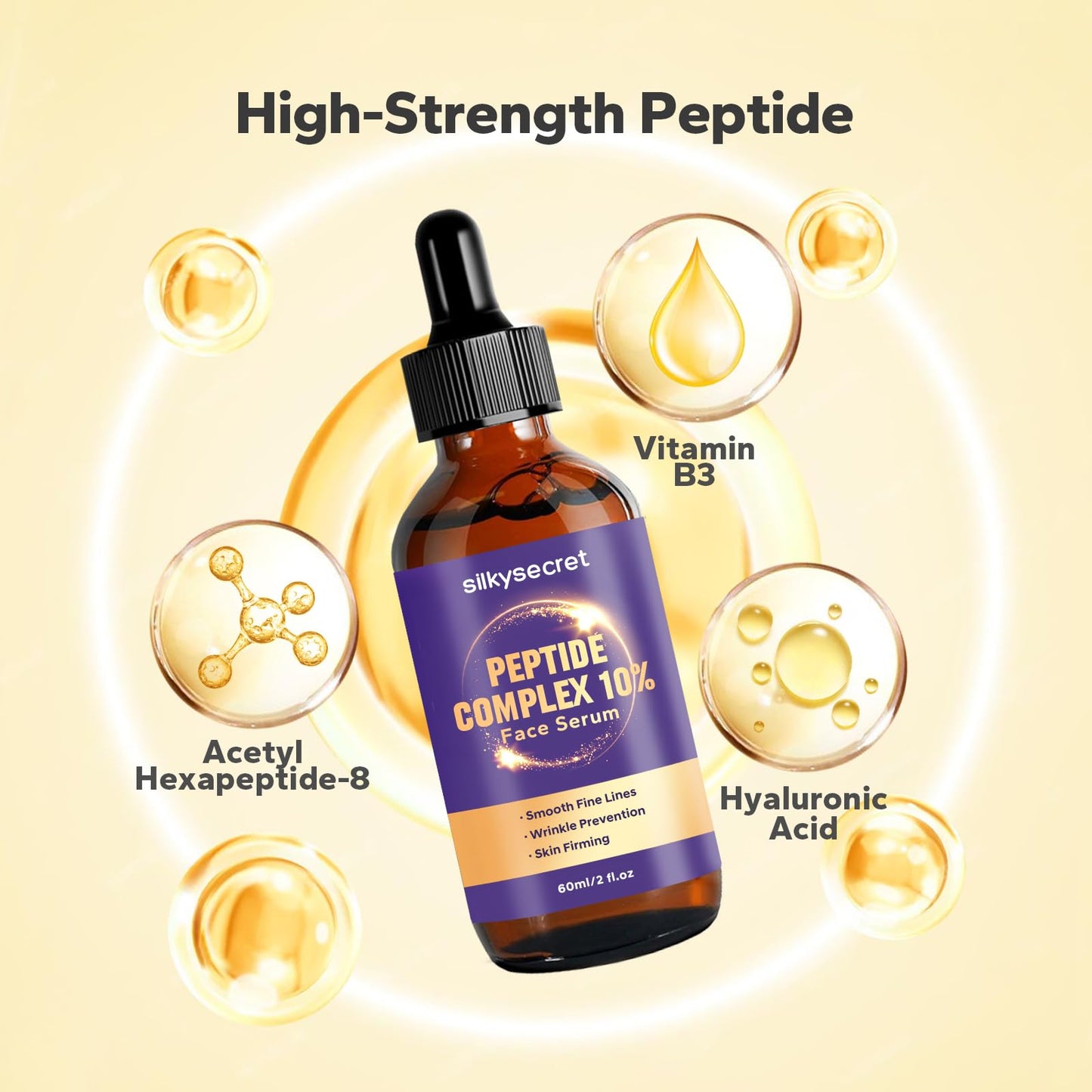 Silkysecret Suero De Péptidos Al 10% (2 Onzas Líquidas), Suero De Péptidos De Colágeno, Ácido Hialurónico Y Niacinamida, Argirelina Antienvejecimiento, Suero Facial Hidra 2 Onzas Líquidas (Paquete