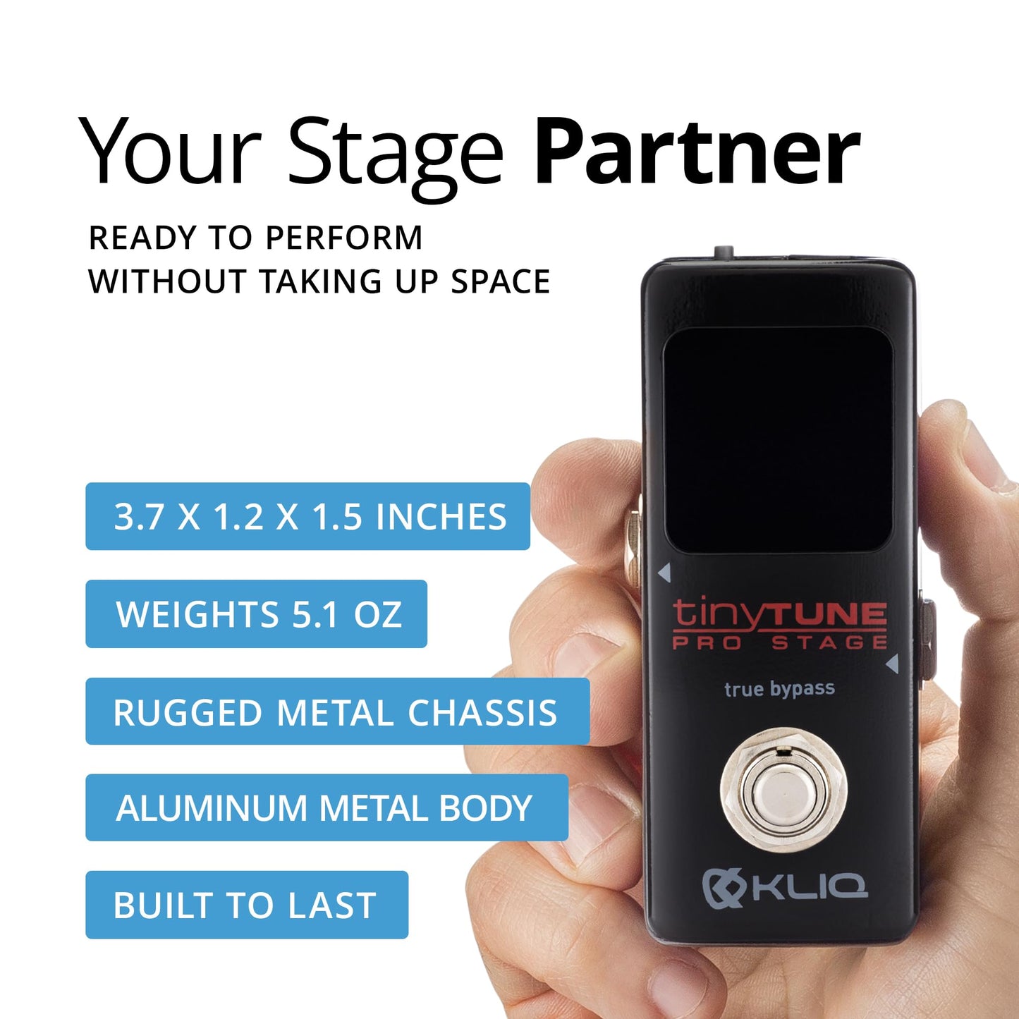 KLIQ TinyTune Pro - Pedal sintonizador de escenario para guitarra y bajo con cambio de derivación verdadero, calibración de tono y afinación plana (se requiere fuente de alimentación)