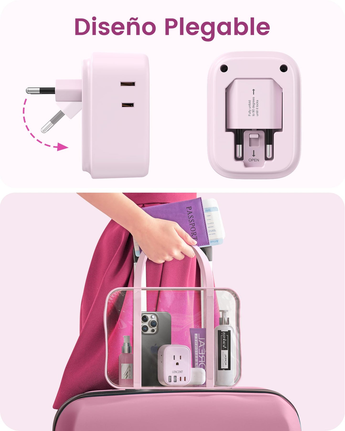 LENCENT Adaptador Europeo Plegable, Adaptador de Corriente con 4 Salidas y 4 Puertos USB (2USB C), Cargador Americano a Europeo para Alemania, España, Italia, Francia, Apto para Cruceros, Rosado