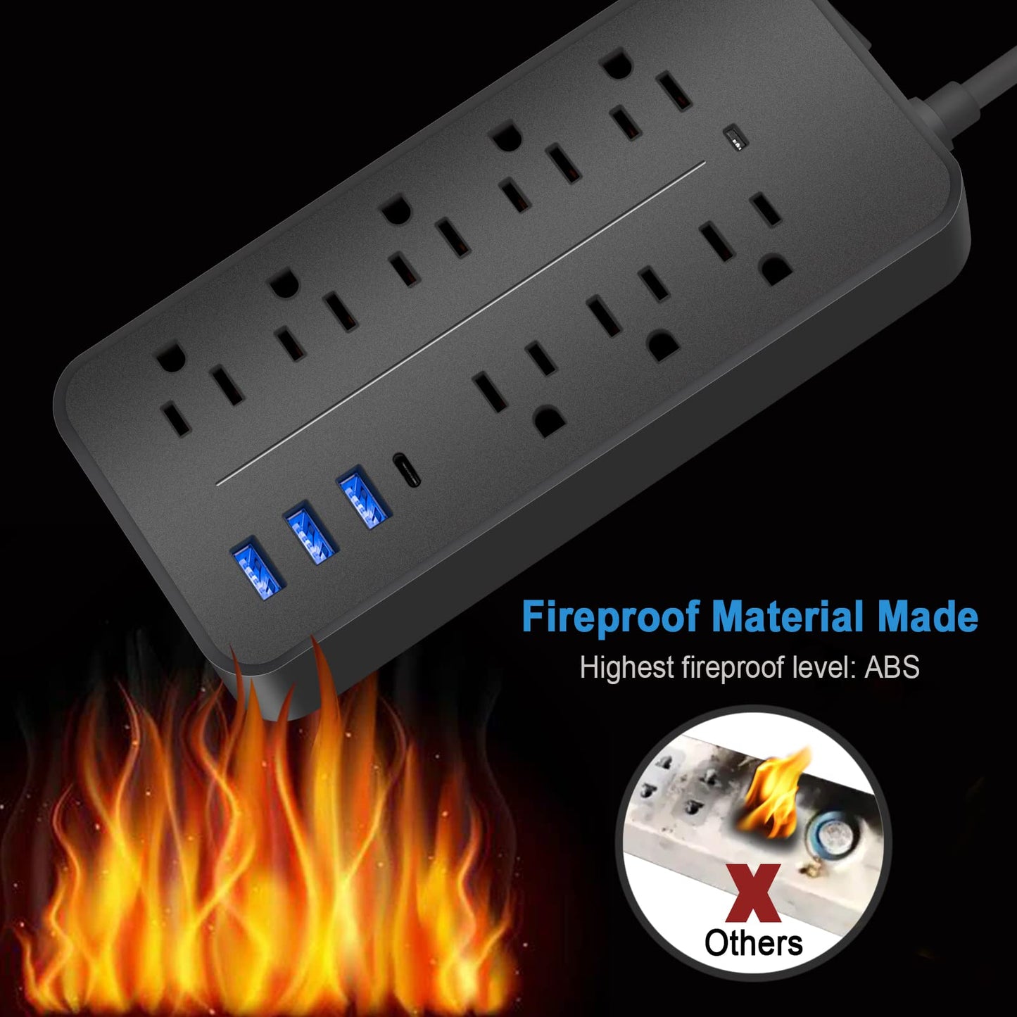 BOPARTE USB Multicontacto, Regleta de 1,2 m, 8 Salidas, 3 Puertos de Carga USB, (5 V / 2 A), 1 Puerto USB-C, Conector múltiple, Regleta para el hogar, Oficina, Dormitorio, Negro