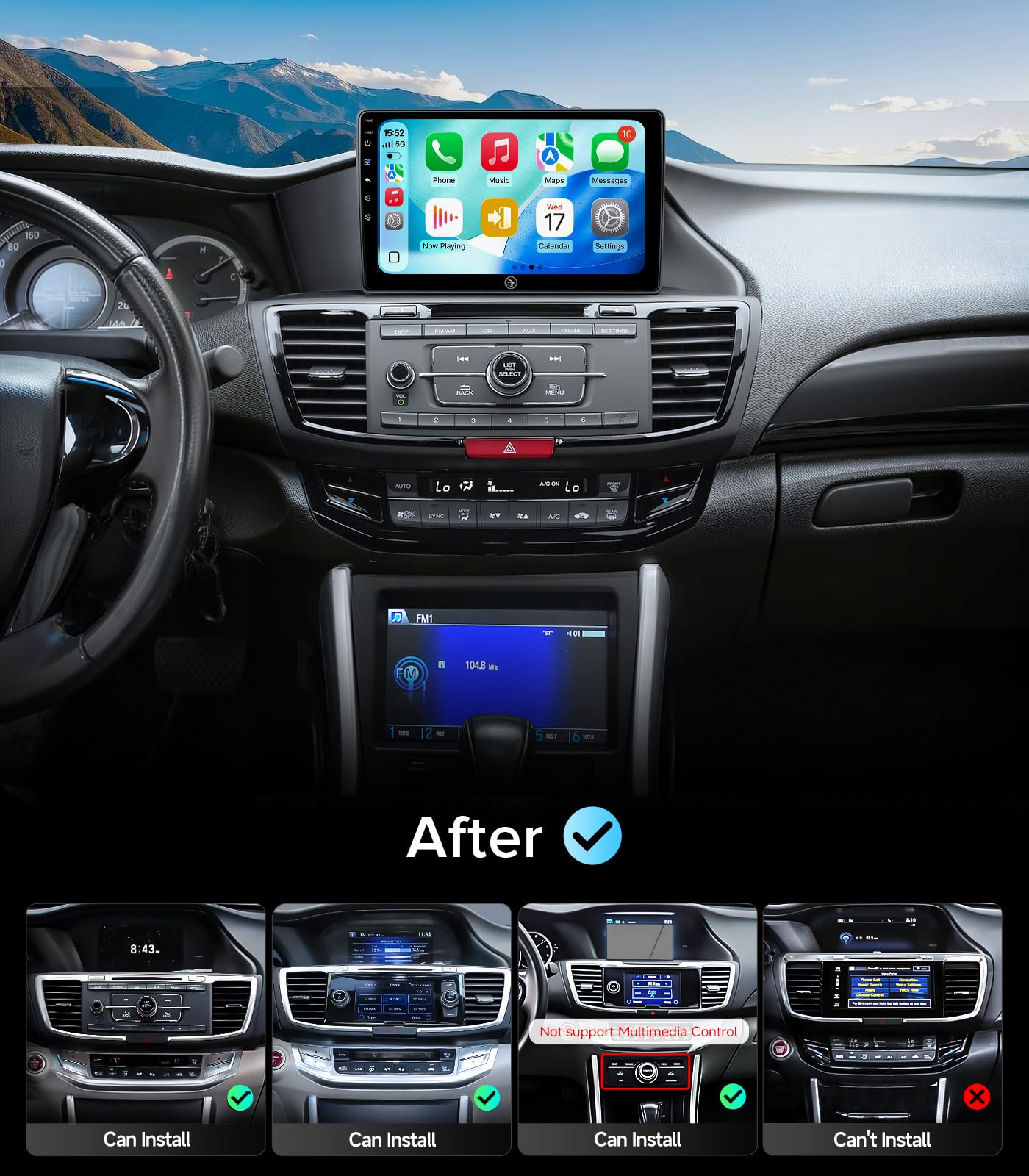 QLED Linux - Estéreo de coche para Honda Accord 2013-2017 (9ª generación) - Actualización de radio automática inalámbrica CarPlay Android, conserva la cámara de visión trasera de fábrica, Bluetooth