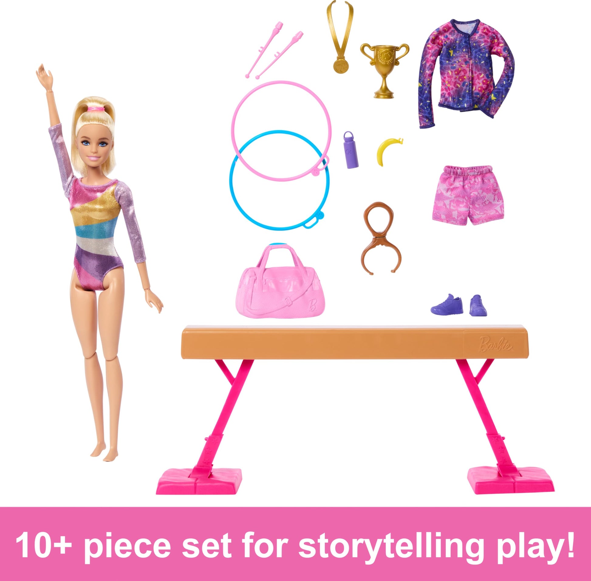 Barbie, Profesiones, Set de Juego Gimnasta, Muñeca con Cabello Rubio, para Niñas de 3 Años en Adelante, Mattel, Gimnasia, Viga de Equilibrio y más de 10 Piezas temáticas