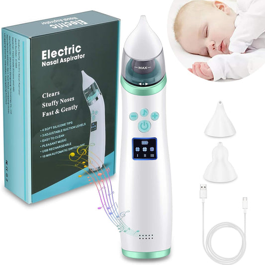 GQVOSXC Limpiador Nasal Eléctrico para Bebés, Saca Mocos para Bebe con Carga USB, Extractor de Mocos para Bebe con 2 Cabezales de Silicona, 3 Niveles de Succión Ajustables, Música y Calmante Ligera
