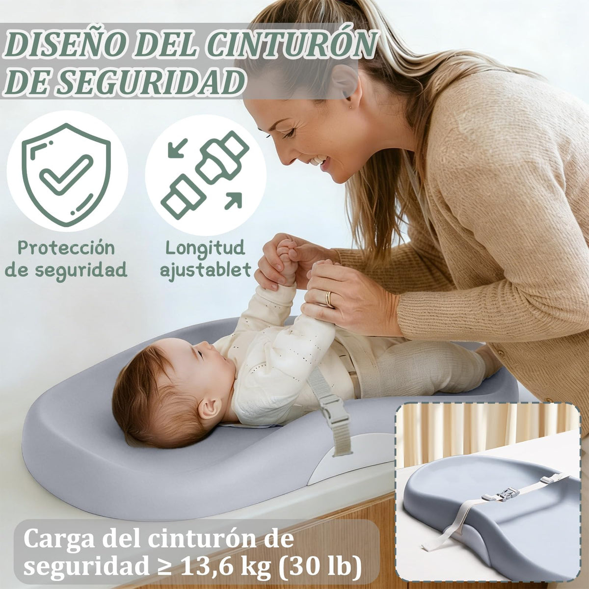 Cambiador para Bebe Lavable E Impermeable 74x44.5cm,Con Correas de Seguridad Suave,Antideslizantes Y Ajustables,Cambiador de Pañales para Bebe para Cambiar Pañales,Ropa,Aplicar Crema Hidratante (Gris)