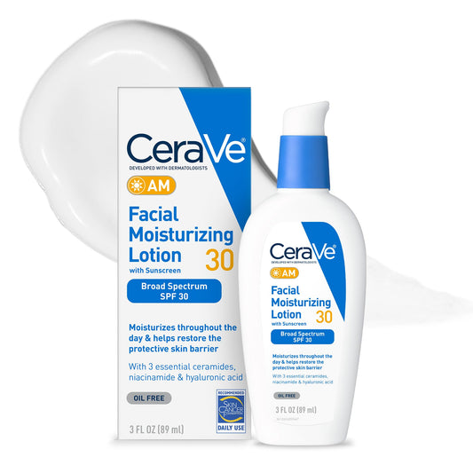 CeraVe - Loción hidratante facial AM Sunscreen SPF 30, piel normal a seca, unisex, 3 onzas